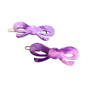 Vintage French Bow Barrettes in Pearlescant Purple, Pair, Deadstock 