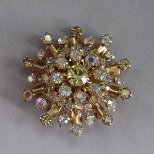 AB Rhinestone Starburst Vintage 60s Brooch Pin Costume Jewelry Sparkling Snowflake