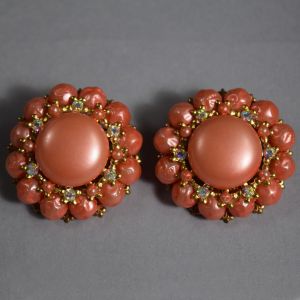 Salmon Pink Huge Round Vintage 60s Bead & Rhinestone Clip Earrings - Fashionconstellate.com