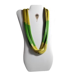 Yellow + Green Color Block Enamel Metal Multi Strand Necklace 25 - 27'' Length