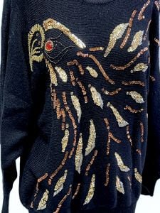VTG Black Acrylic Sweater Angenie Knit Beaded Gold Bird Jeweled 1980s Large - Fashionconstellate.com