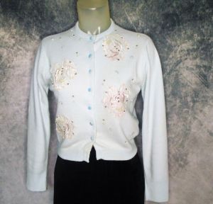 1950s Orlon Cardigan, Rhinestones, Appliques, Light Blue Rockabilly Sweater - Restored - Fashionconstellate.com