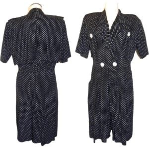 80s Navy & White Polka Dot Tailored Shorts Jumpsuit by S. L. Fashions | Wide Leg Shorts | Fits S/M