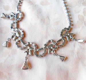 Rhinestone Necklace, Rhodium Finish Choker with Lavish Dangles, Holiday Sparkle ~ 40s - Fashionconstellate.com