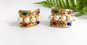 1980s Etruscan Bold Gold Tone Faux Pearl + Colored Glass Clip Earrings