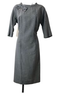 1940s Grey Cocktail Dress w/Rhinestones, Back Buttons & Elbow Sleeve 