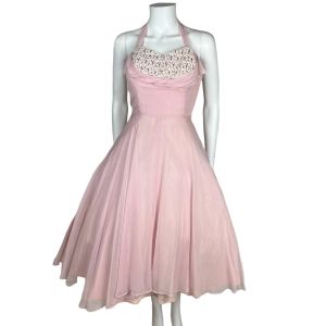 Vintage 1950s Halter Dress with Shelf Bust Pink Chiffon Size XL