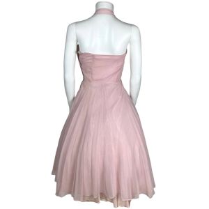 Vintage 1950s Halter Dress with Shelf Bust Pink Chiffon Size XL - Fashionconstellate.com