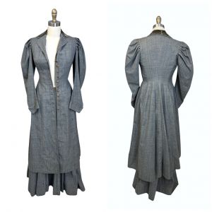 Antique Womens Tailored Walking Suit 1890s Huge Sleeves Gray Wool XS Downton XS