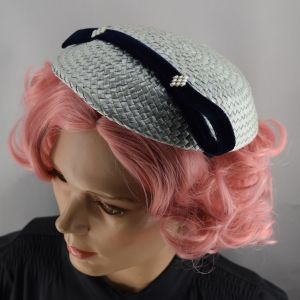 Pale Blue Woven Straw Vintage 50s Tilt Hat with Velour Ribbon Accent