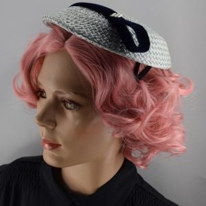 Pale Blue Woven Straw Vintage 50s Tilt Hat with Velour Ribbon Accent - Fashionconstellate.com