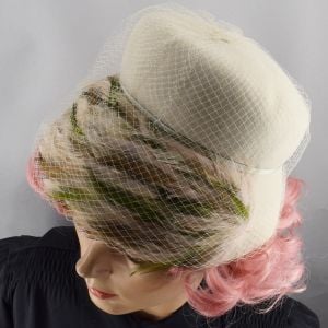 Vanilla Cream Cloche Style Vintage 60s Hat with Soft Feather Accent and Netting - Fashionconstellate.com