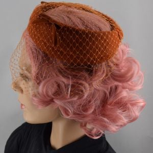 Terra Cotta Orange Vintage 60s Ringlet Hat with Net Veil - Fashionconstellate.com