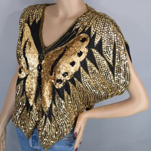Black & Gold Disco Era Vintage 80s Sequin Butterfly Top S M L - Fashionconstellate.com