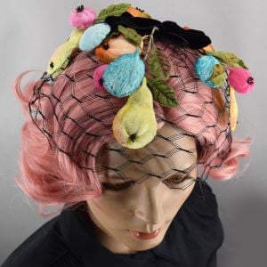 Black Net Vintage 50s Whimsy Hat with Colorful Novelty Sculpted Fruit