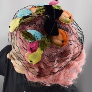 Black Net Vintage 50s Whimsy Hat with Colorful Novelty Sculpted Fruit - Fashionconstellate.com