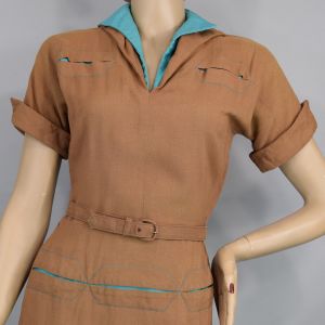 Cocoa Brown Vintage 40s Swing Era Day Dress with Aqua Teal Inset Detailing S - Fashionconstellate.com