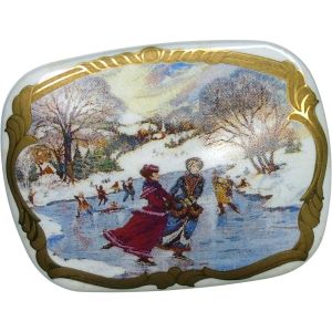 Victorian Holiday Porcelain Pin, Rare Book Piece,42K Gold Trim, Victorian Winter Skaters Scene ~ 90s - Fashionconstellate.com