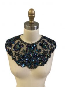 Vintage Embroidered Net Sequin Beaded Collar Black Blue Carnival  Frog Closure 