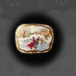 Victorian Holiday Porcelain Pin, Rare Book Piece,42K Gold Trim, Victorian Winter Skaters Scene ~ 90s