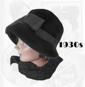 Black Brown Velour Cloche Hat, Fabulous Fur Felt Flapper Style ~ 30s 