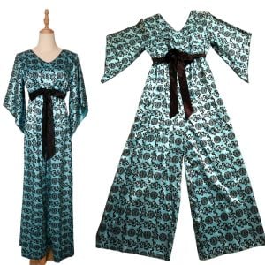 Vintage 60s Jenelle Asian Aqua Black Satin Kimono Sleeve Hostess Jumpsuit 
