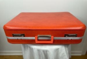 1960s orange suitcase hard shell faux leather sided size 25” x 18” - Fashionconstellate.com