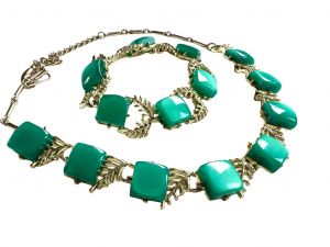 Vintage Signed Coro Green Moonglow Lucite Squares Bracelet & Necklace Set 50s
