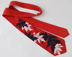 Red Handpainted Leaf Print Vintage 50s Swing Era Tie Necktie