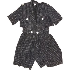 80s Navy & White Polka Dot Tailored Shorts Jumpsuit by S. L. Fashions | Wide Leg Shorts | Fits S/M - Fashionconstellate.com