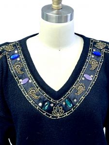 VTG Black Acrylic  Sweater Vantean Knit Bedazzled Ruby  Jeweled 1980s Women L - Fashionconstellate.com