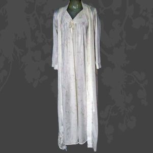 1970s White Floral Peignoir Set, Floor Length Nylon Wrap Robe & Nightgown