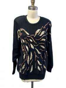 VTG Black Acrylic Sweater Angenie Knit Beaded Gold Bird Jeweled 1980s Large