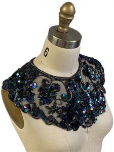 Vintage Embroidered Net Sequin Beaded Collar Black Blue Carnival  Frog Closure  - Fashionconstellate.com
