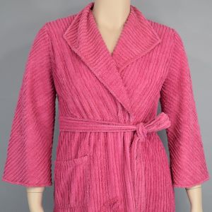Deep Pink Chenille Striped Vintage 50s Robe with Accent Swirl - Fashionconstellate.com
