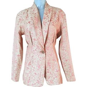 1980s Curvy Tapered Pink Blazer Pastel Damask Tailored Chic Modernist Longer Length VFG - Fashionconstellate.com
