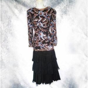1980s Sequin Formal with Rhumba Ruffle Skirt, Long Sleeves, Drop Waist Costume Gown - Fashionconstellate.com