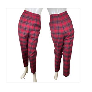 1950s/60s cigarette pants red plaid high waisted with pocket