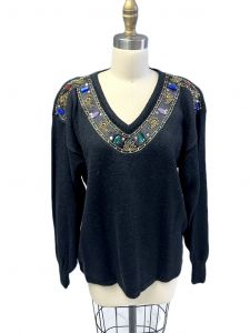 VTG Black Acrylic  Sweater Vantean Knit Bedazzled Ruby  Jeweled 1980s Women L