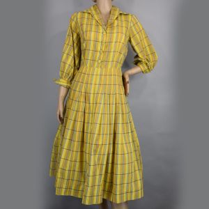 Yellow Plaid Full Skirt Vintage 50s Shirtwaist Dress M