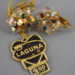 Clear & Rainbow Sparkling Rhinestone & Bead Vintage 60s Clip Earring Set by Laguna - Fashionconstellate.com