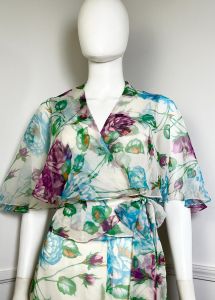 Small | 1970s Vintage Floral Chiffon Wrap Blouse and Skirt Set by The Gilberts for Tally  - Fashionconstellate.com