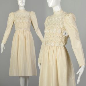 Small 1970s Rizkallah Dress Cream Modest Lace Prom Wedding