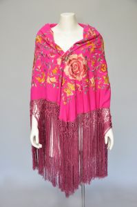 1920s shocking pink floral embroidered fringe shawl