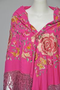 1920s shocking pink floral embroidered fringe shawl - Fashionconstellate.com