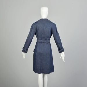 Small 1970s Navy Blue Double Breasted Denim Trench Coat Long Jean Jacket  - Fashionconstellate.com