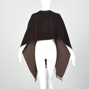 1940s Brown Velvet Wrap Black Beaded Tassel Fringe Trim Winter Shawl Cape - Fashionconstellate.com