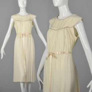 1930s Silk Nightgown Drawstring Ribbon Waist Cream Lounge Sleepwear Boudoir Lingerie