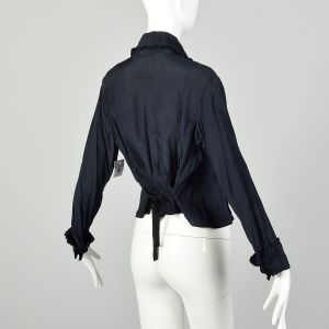 Large 1910s Blouse Edwardian Silk Navy Blue Shirt Pleated Tie Back Waist Top - Fashionconstellate.com