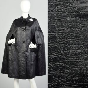 OSFM 1970s Black Animal Print Cape Vegan Leather Goth Cloak Attached Neck Tie 